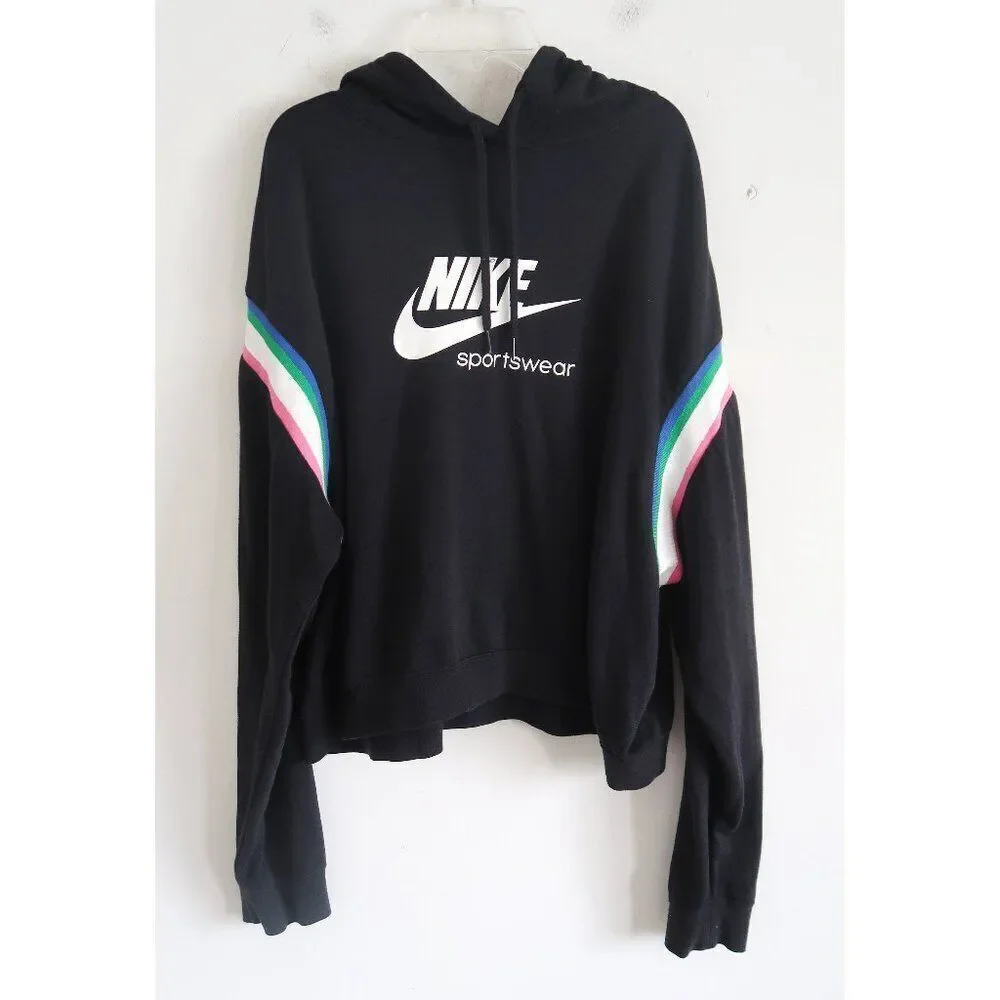 Nike Sportswear Black Hoodie with Striped Sleeves - Size XL